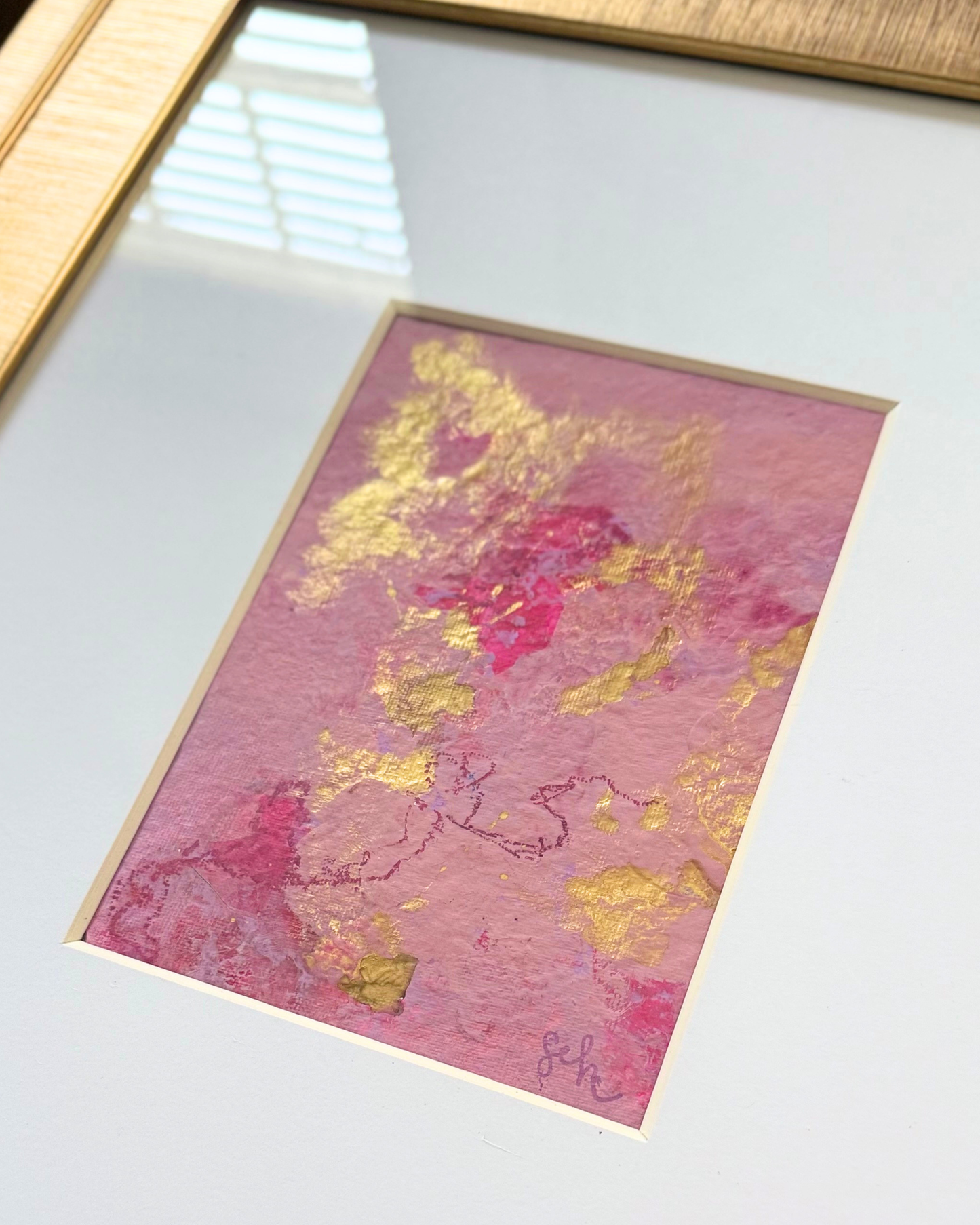 Detail of Rosy Outlook No. 01 — gold leaf, rose pink, and pencil lines on textured handmade paper