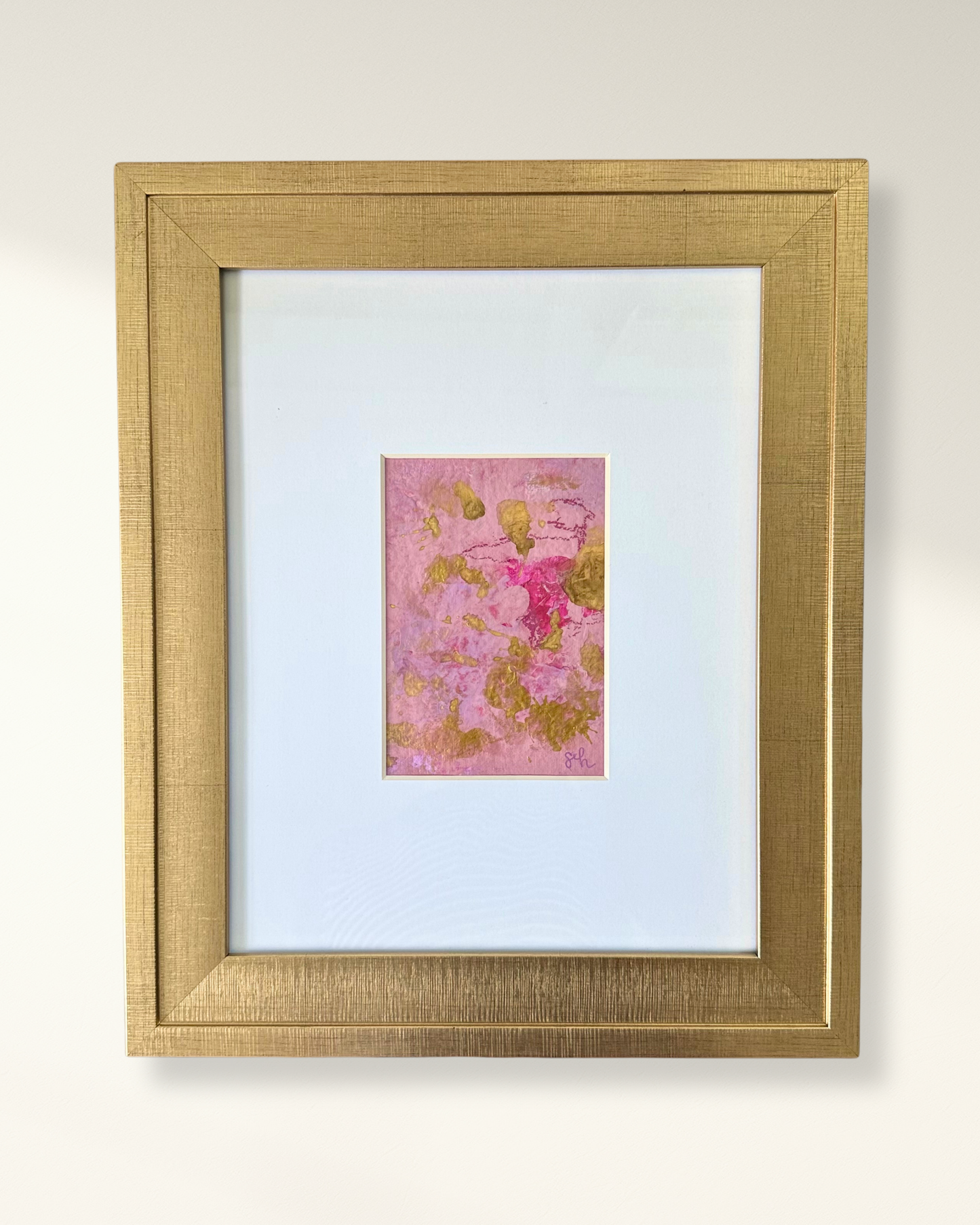 Rosy Outlook No. 02 — abstract blush pink and gold leaf mixed media painting on handmade paper, framed in gold
