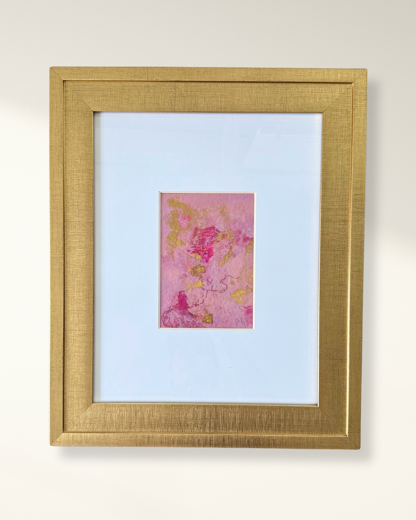 Rosy Outlook No. 01 — abstract pink and gold leaf mixed media painting on handmade paper, framed in gold